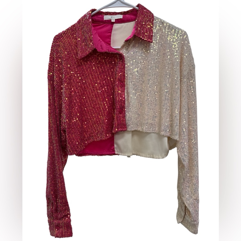 Sequin Colorblock Blouse - Red and Cream